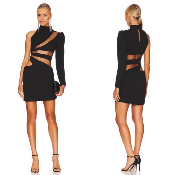 PatBO Spiral One Sleeve Black Illusion High Neck Asymmetric Mesh Mini Dress Sz 0 - Picture 1 of 14